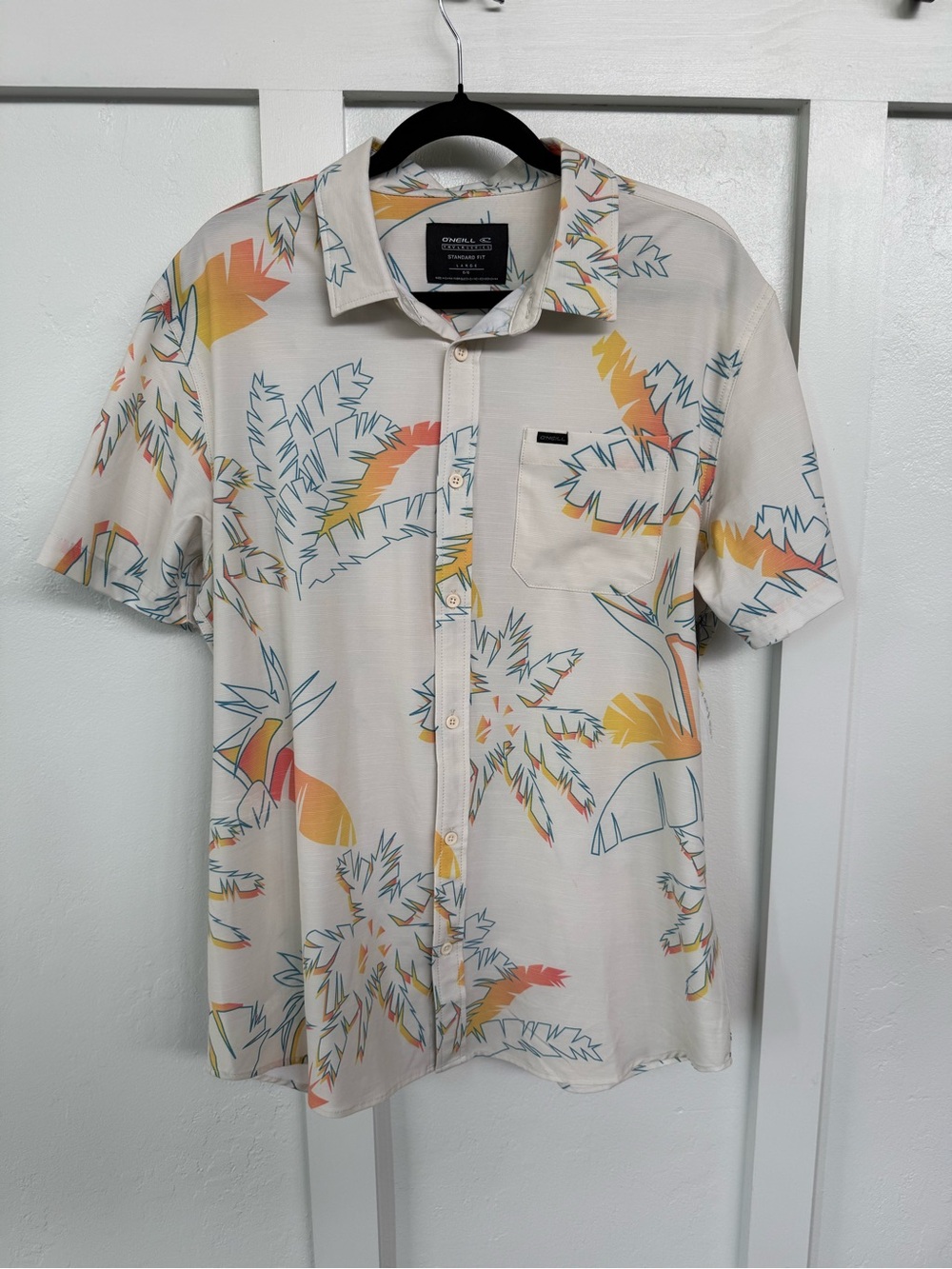 O'Neill Men’s Short Sleeve Button-Down Shirt - Cream with Multicolor Palm Print